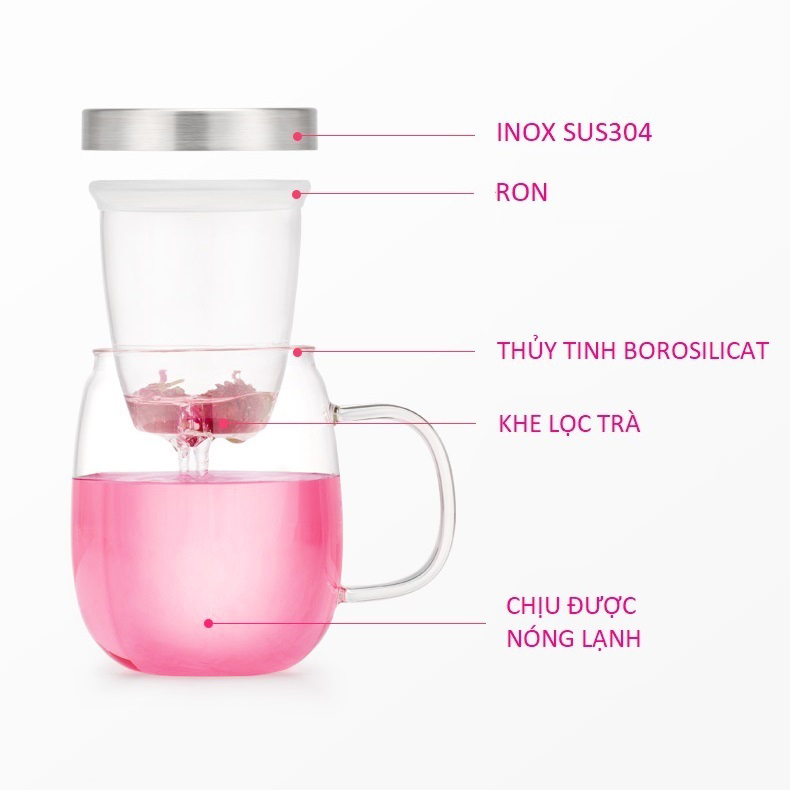 Ly lọc trà thủy tinh chịu nhiệt lõi lọc thủy tinh S016 500ml