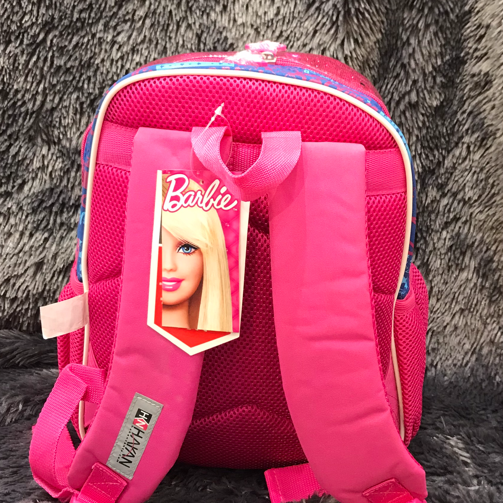 Balo trẻ em 15'' cao cấp hình Barbie hồng viền xanh lấp lánh - BLBBHVX -