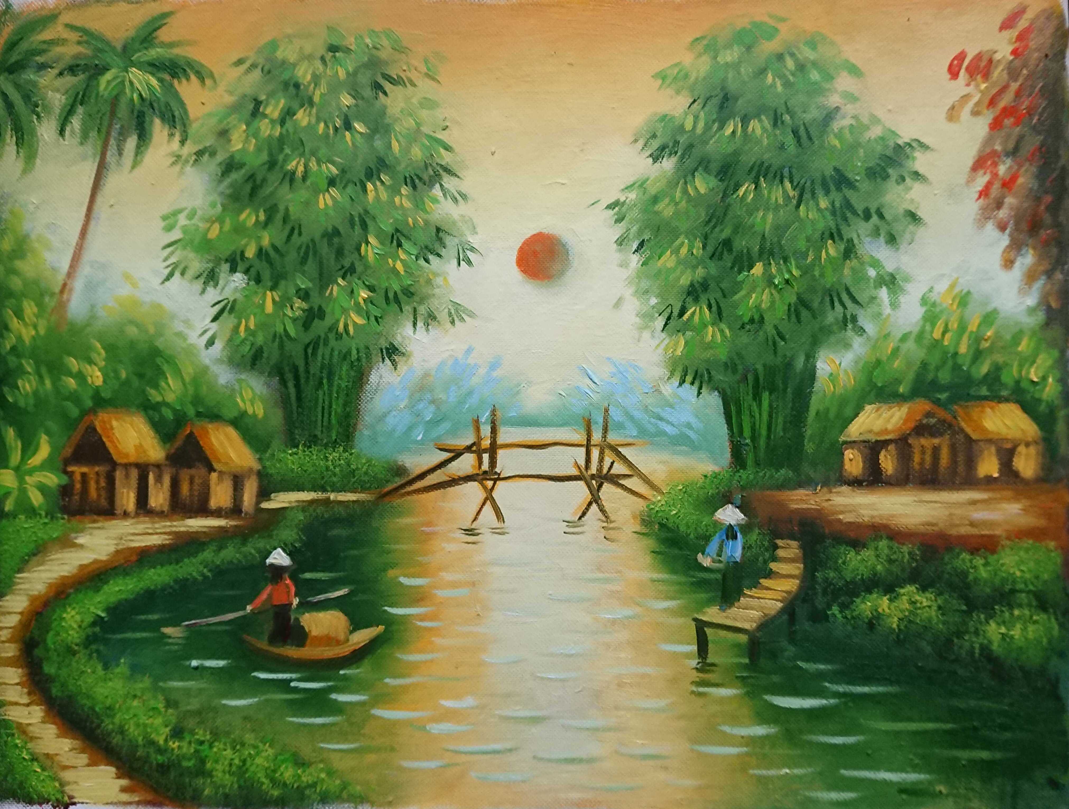 Một Chiều Ở Làng Quê - 30x40cm - Tranh Sơn Dầu Vẽ Tay