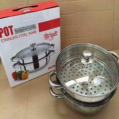 Nồi hấp 2 tầng inox vung kính giá rẻ phi 28cm-Nồi hấp inox 2 tầng