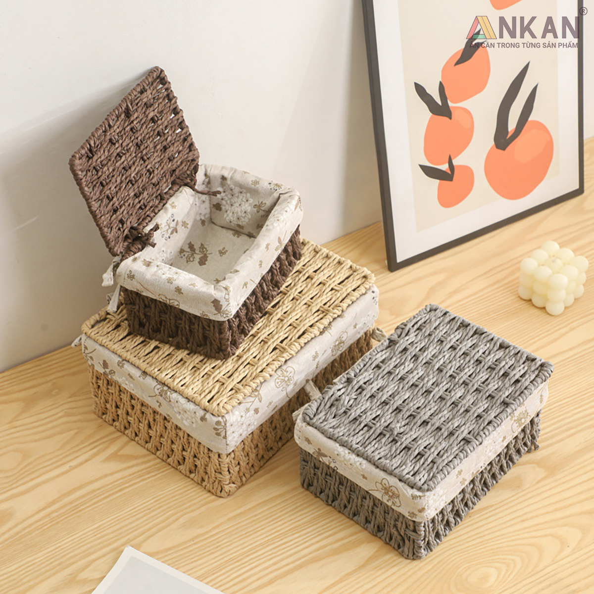 Giỏ Mây Đựng Đồ Có Nắp ANKAN, Giỏ Đựng Đồ Ăn Vặt, Phù Hợp Các Phòng Spa, Khách Sạn Và Trang Trí Trong Nhà