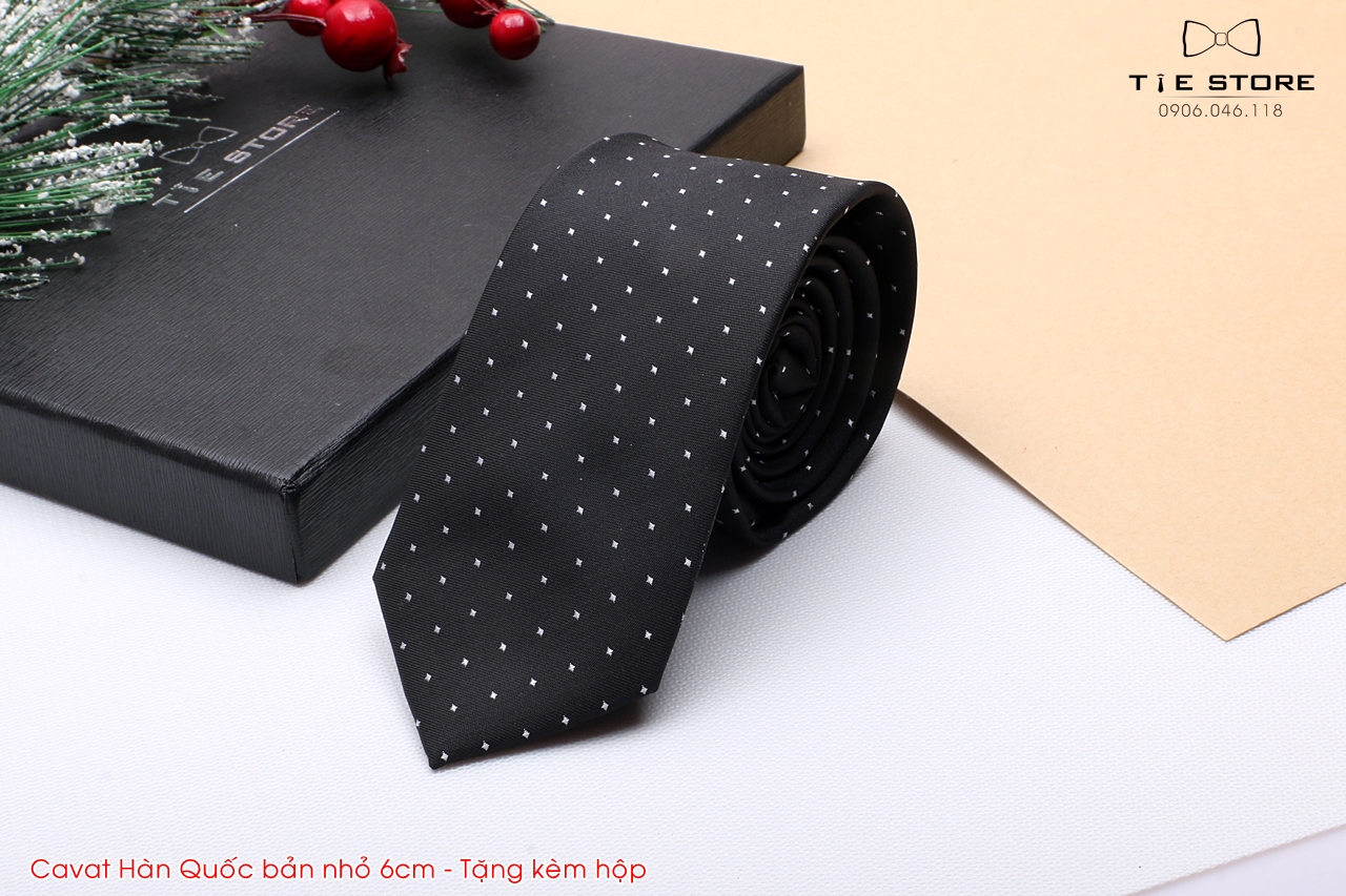 Cà Vạt Nam Bản nhỏ 6cm đen chấm bi - Cavat Hàn Quốc Cao Cấp Full box
