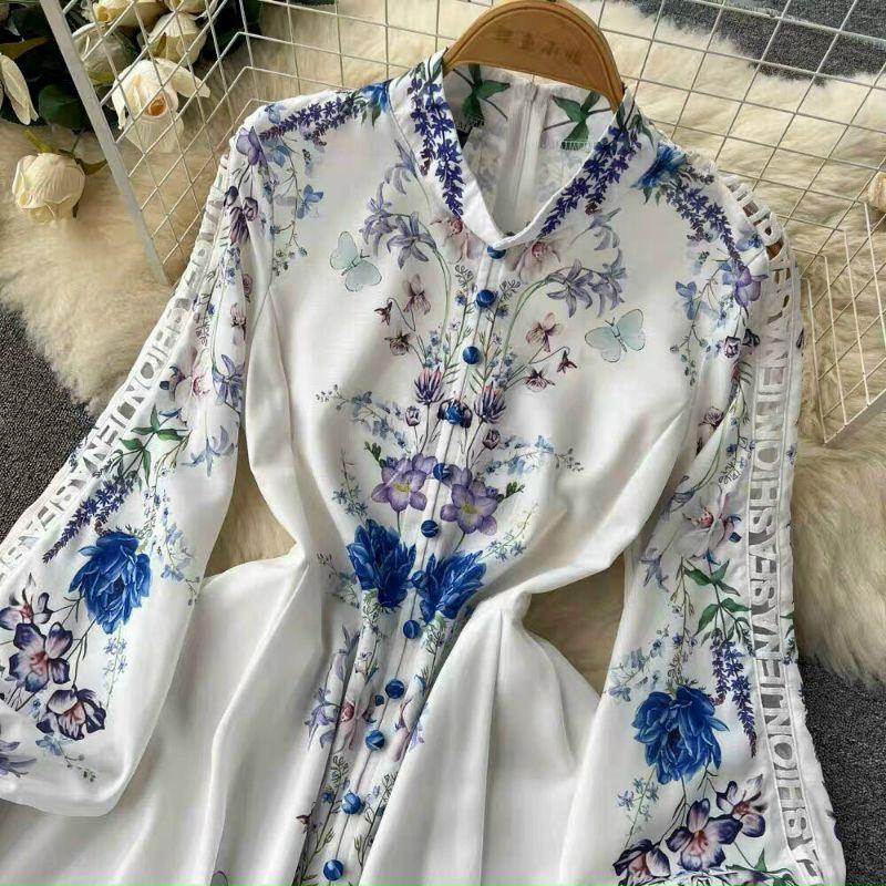 ĐẦM LỤA HOA CỔ TRỤ TAY DÀI