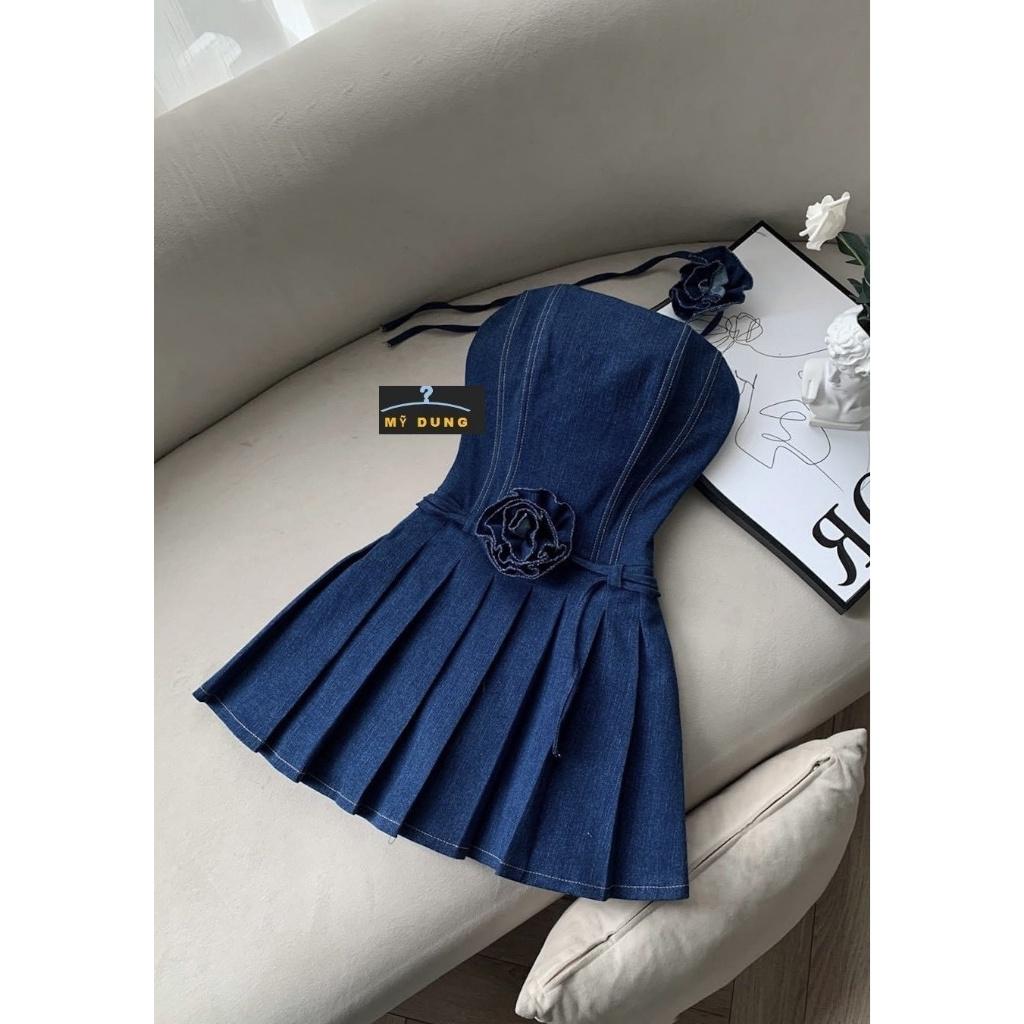 ĐẦM ỐNG NGẮN ÔM BODY XẾP LY XÒE SUÔNG TRƠN XANH DENIM / JEANS + DÂY LƯNG HOA ĐI BIỂN DẠO PHỐ DỰ TIỆC