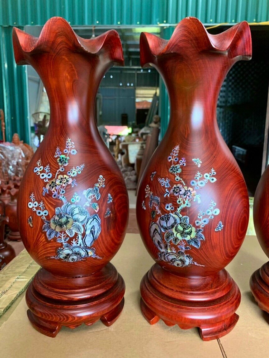 Cặp Lục bình hoa huệ gỗ lim cẩn hoa hàng nguyên khối cao 30cm