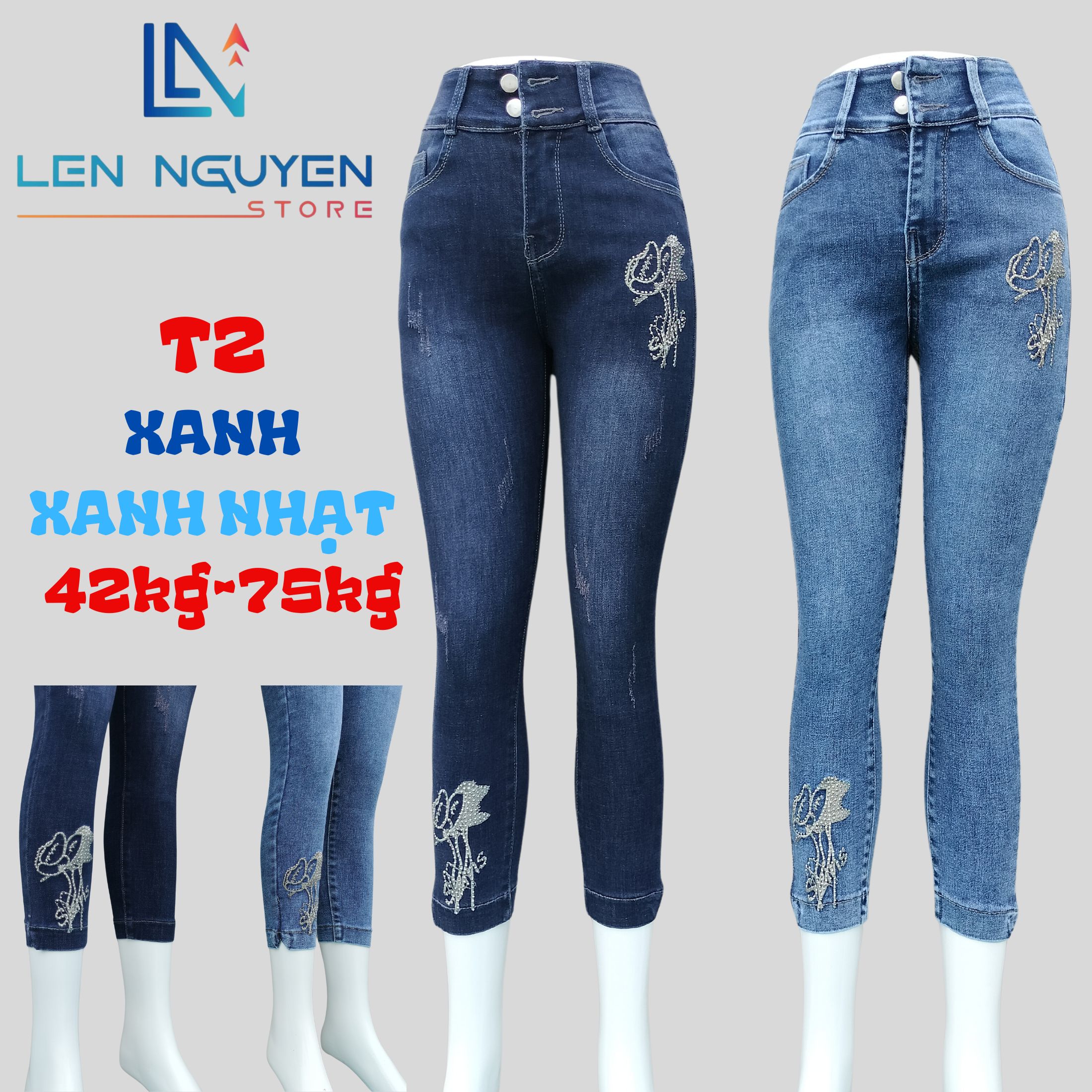 T2_9 tất thêu ép đá cao cấp dài 83-85cm ,lưng cao 2 nút size 27-35 42-76kg Vải Cao Cấp Co Giãn ,Mềm Mịn Thoáng Mát..... Women Pants Denim Jean