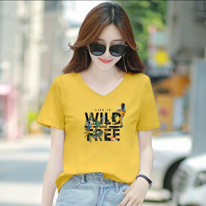 Áo thun nữ form rộng cổ tim MXM in chữ Wild Free thun cotton 4 chiều từ 45-60kg