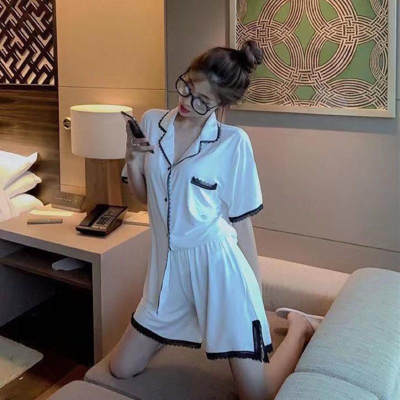 Bộ ngủ pijama nữ ngắn tay viền ren tiểu thư
