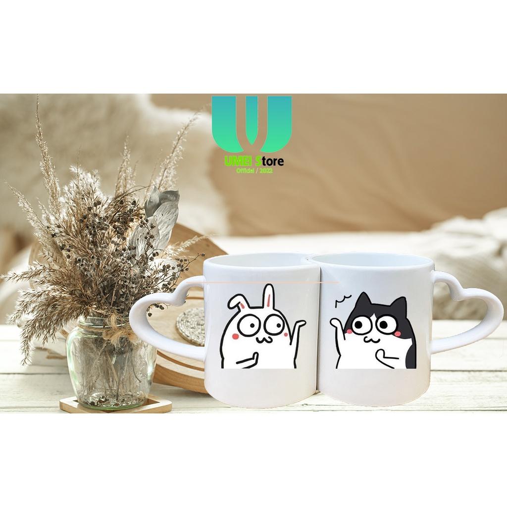 Cốc Đôi Sứ Trái Tim In Hình Thỏ và Mèo Dễ Thương Làm Quà Sinh Nhật Quà Cưới Cho Các Cặp Đôi