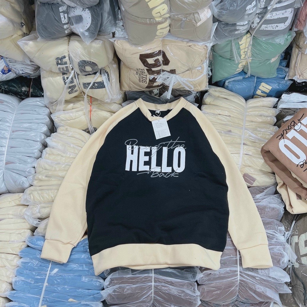Áo Khoác Hoodie &amp; Sweater Nam Nữ Họa Tiết Chữ HELLO Chất Nỉ Ngoại Mềm Mịn Phong Cách Thời Trang Hàn, áo sweater phối tay ráp lăng chữ hello, Áo sweater nữ cổ tròn, áo hoodie nỉ form rộng phong cách ulzzang Hàn Quốc