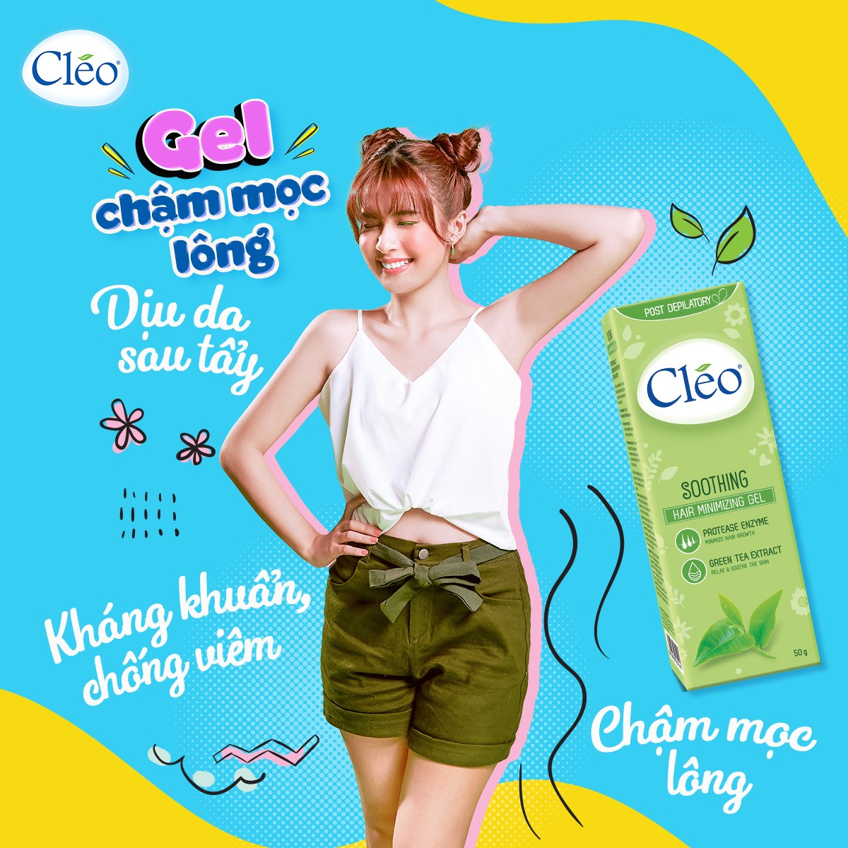 Gel làm dịu da sau tẩy lông Cléo giúp chậm mọc lông 50g - chiết xuất lá trà xanh thiên nhiên