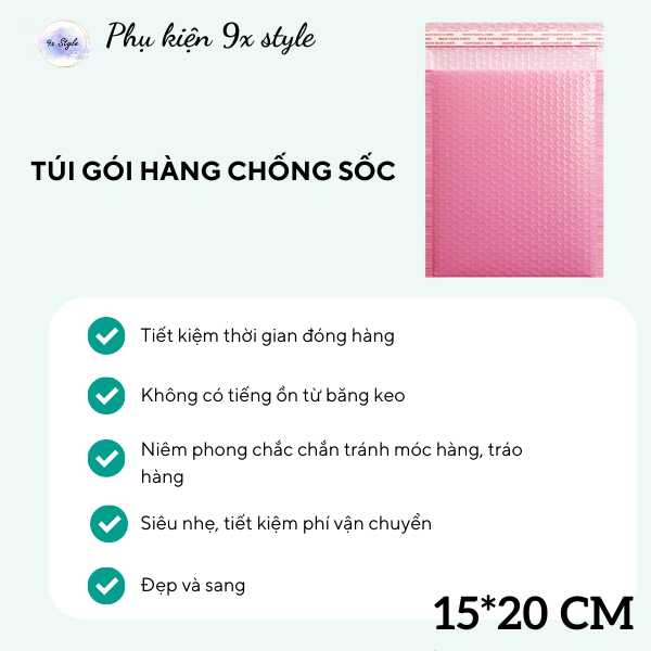 Túi Gói Hàng Niêm Phong Màu Hồng Chống Sốc Có Sẵn Keo Tự Dính 15x20 Cm 9x Style Chống Thấm Nước Combo đủ size