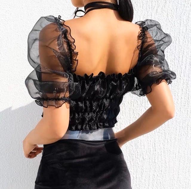 Áo croptop phối voan kiến tay phồng bo nhún co giản tốt