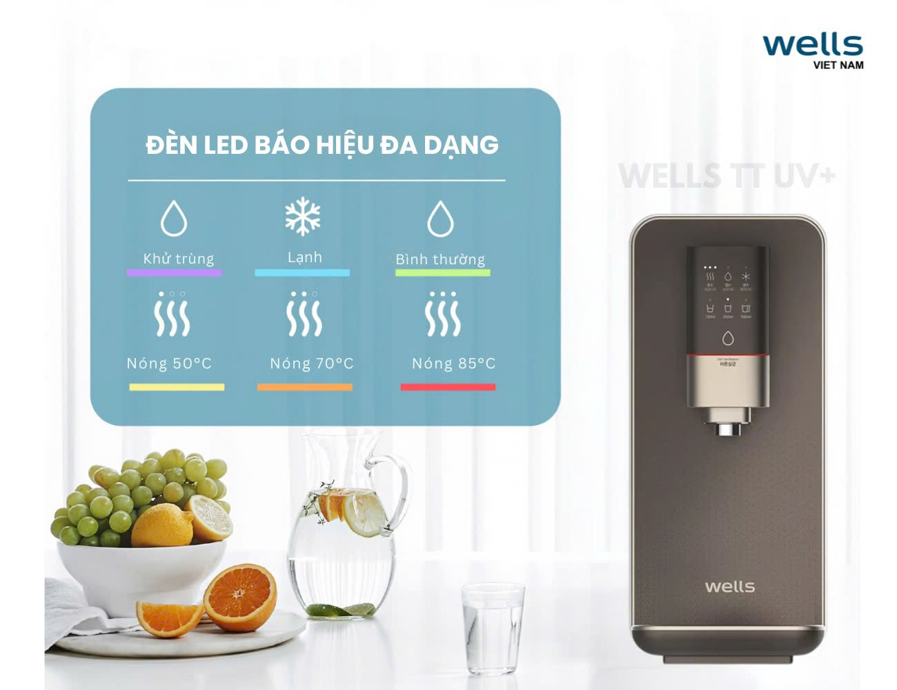 Máy Lọc Nước Wells TT UV+, Diệt Khuẩn UV 99.9%, Tankless Lọc Trực Tiếp,Carbon Plus &amp; Nano Clean - Hàng chính hãng