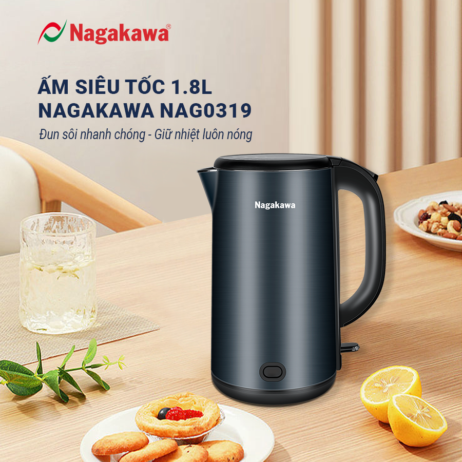 Ấm siêu tốc 2 lớp inox 304 Nagakawa NAG0319 (1.8L - 1800W) - Hàng chính hãng