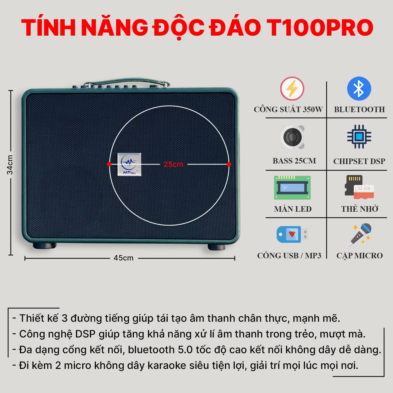 Loa Xách Tay Chính Hãng MTMAX T100PRO - Loa Karaoke Di Động 3 Đường Giá Rẻ Công Suất Lớn 350W Bass Siêu Trầm 25cm Điều Chỉnh Bass Treble Echo Reverb Dễ Dàng Hàng Chính Hãng