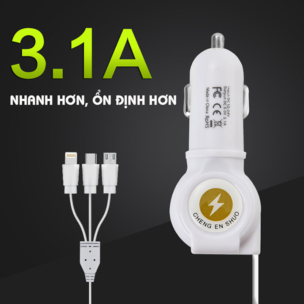 Tẩu Sạc Xe Hơi Đa Năng 3.1A 3 Đầu Cáp (Type-C/Lightning/Micro USB)