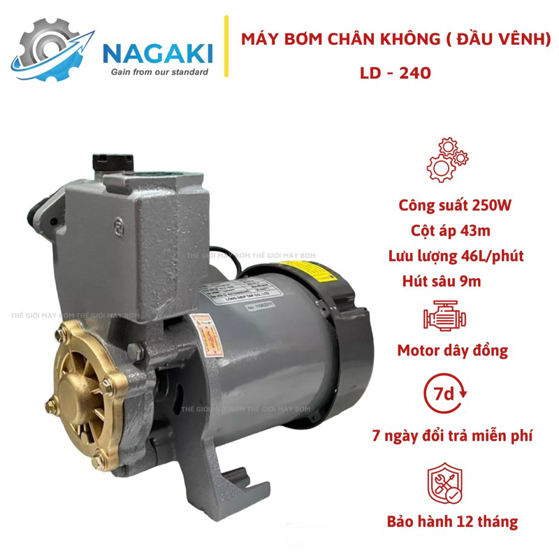 Máy bơm nước chân không 250W cánh đồng Nagaki LD-240 - Bảo hành 1 năm  Cam kết hàng chính hãng