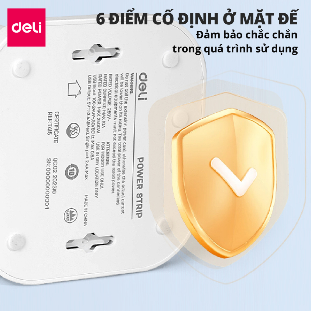 Ổ Cắm Điện Đa Năng DELI Sạc Nhanh TypeC USB PD20W 2-12 Ổ Vuông Dẹt Chịu Tải 2500W, Cầu Chì Tự Ngắt