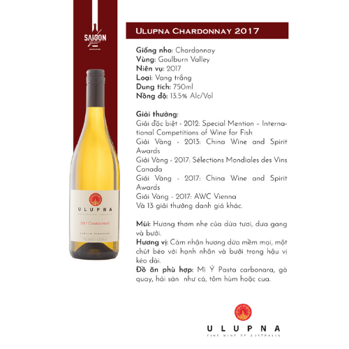 Rượu vang trắng Ulupna Chardonnay 2017 750ml 13.5% Alc