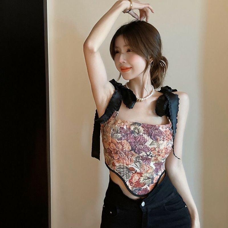 Áo 2 dây buộc nơ vai hoạ tiết hoa sang trọng đan dây lưng hàng đẹp