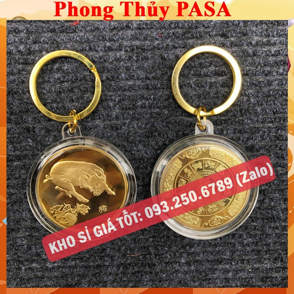 Móc Khóa Đồng Xu 12 Con Giáp Mạ Vàng TUỔI HỢI - CON HEO Treo Oto, Xe Máy Phong Thủy -