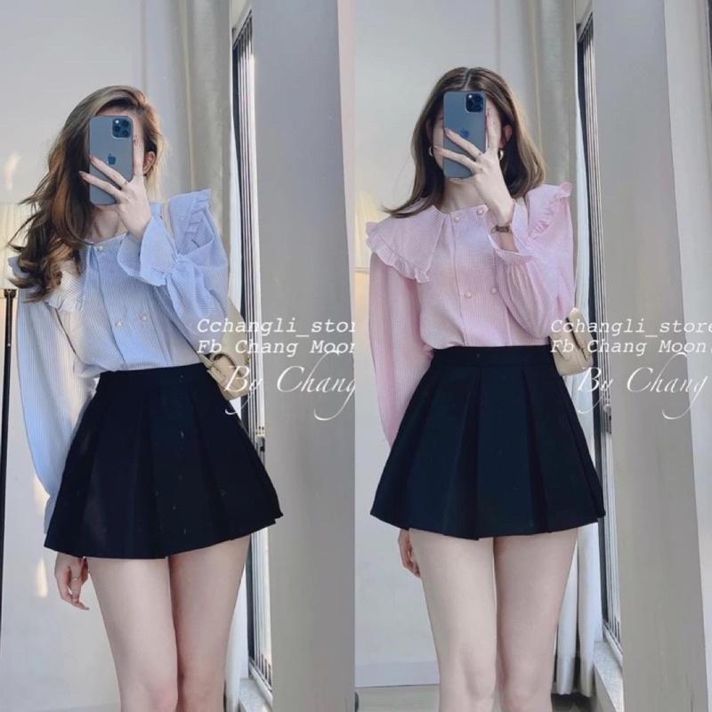 Áo sơ mi kẻ cổ bèo lá cúc ngọc - Áo babydoll cách điệu trẻ trung mẫu mới 2022