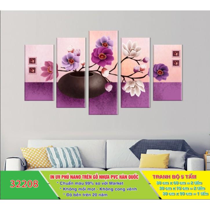 Tranh treo tường Bình hoa 5 tấm 3D/gỗ MDF Hàn Quốc chống ẩm mốc, mối mọt