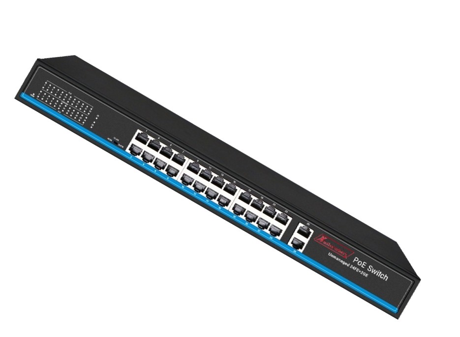 Bộ chuyển mạch 26 port unmanaged Ethernet switch, 24 port Fast Ethernet PoE, 2 SFP, 300W power supply - Xmethod Network - Hàng chính hãng