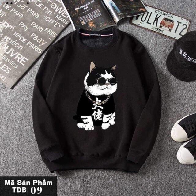 ( Best seller) Áo sweater nam nữ mèo kính đen có bigsize vải nỉ bông dày dặn
