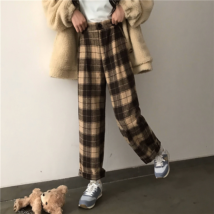 Q002 Quần ống rộng thô đũi caro cạp chun lưng cao cute, quần culottes ống suông dài karo vintage retro unisex Hàn Quốc