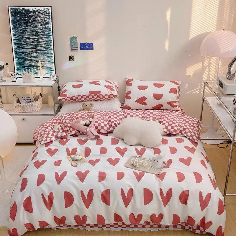 Bộ chăn ga gối Cotton poly M2T bedding gồm vỏ chăn mền, drap ga giường và 2 vỏ gối nằm - PL Tim khuyết đỏ