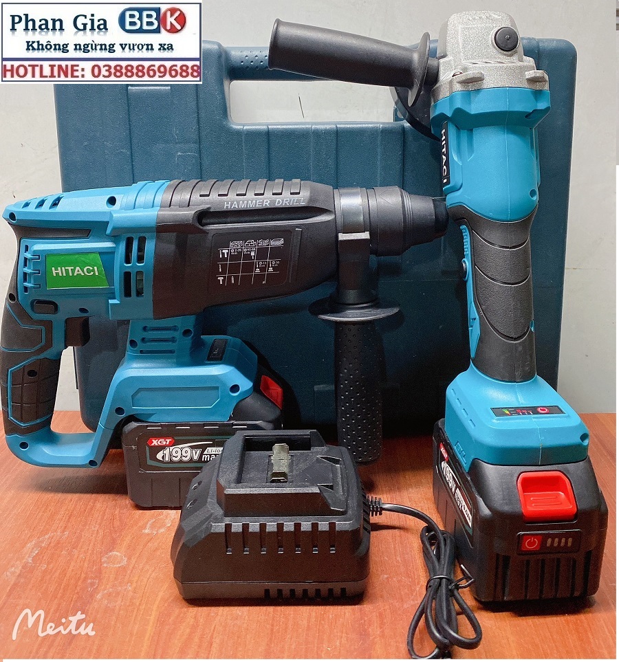Bộ Combo 2 Máy Gồm Máy Khoan Đục Bê Tông Và Máy Cắt, Máy Mài Cầm Tay Dùng Pin 15 Cell 199V Lõi Đồng - Động Cơ Không Than