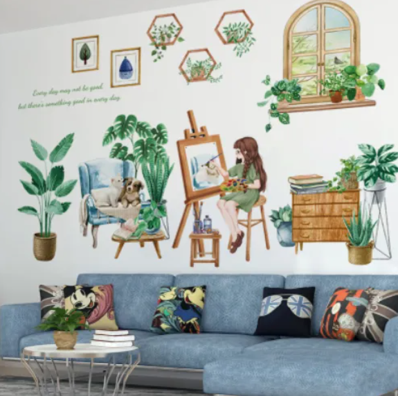 Decal trang trí tường - Cô gái ngồi vẽ tranh cùng những chậu cây xanh