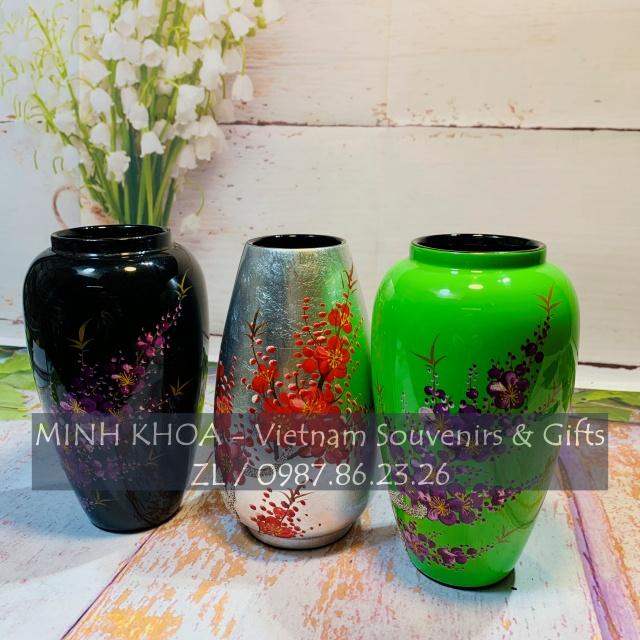 Bình Sơn Mài Lọ Hoa Quả Bầu Vẽ Hoa Đào Cẩn Trứng 17 cm - Vietnamese Lacquer Vase