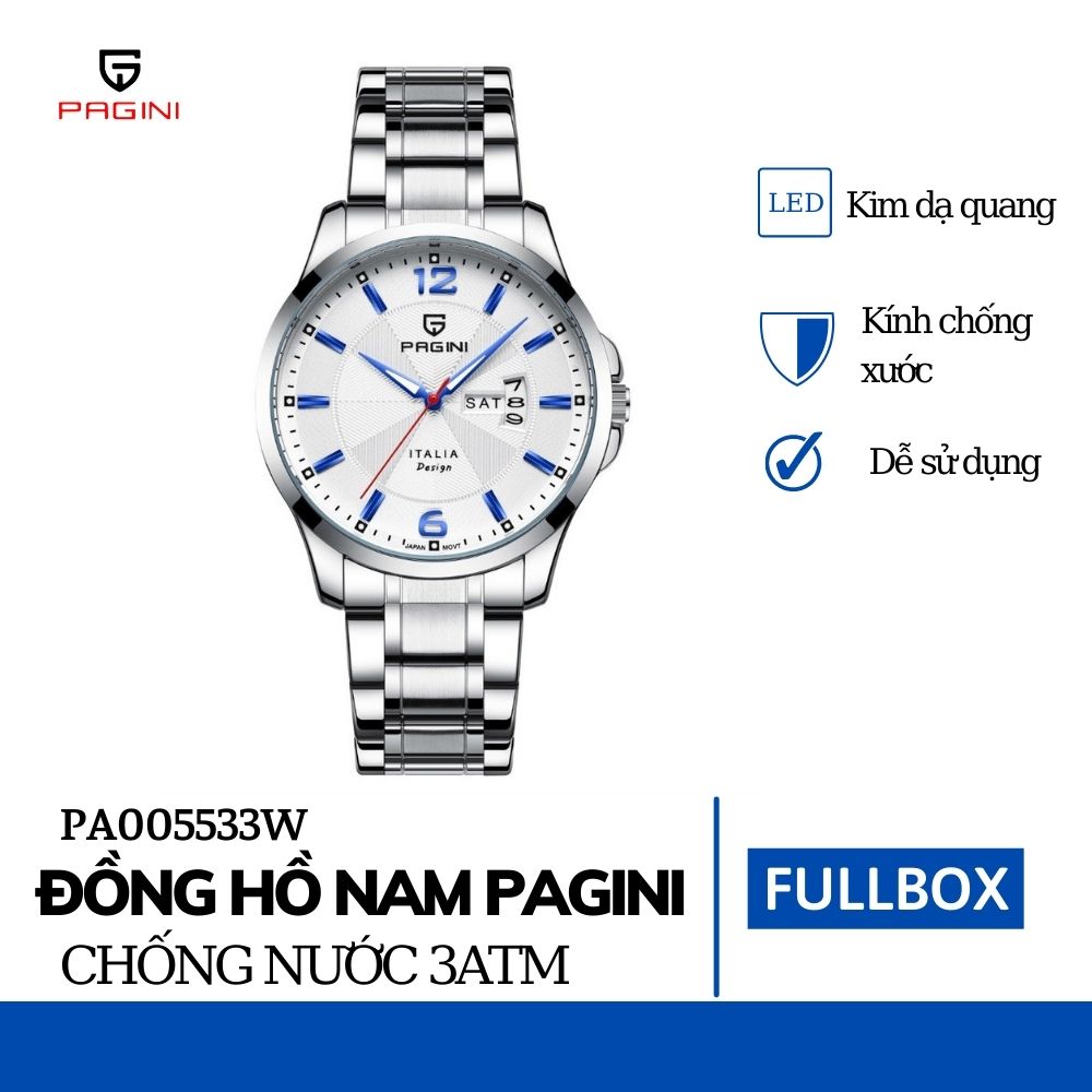 Đồng Hồ Nam Đẳng Cấp Chính Hãng PAGINI - PA5533W Dây Thép Không Gỉ - Mặt Kính Cứng Cao Cấp Chống Xước, Chống Va Đập - Chống Nước 3ATM - Phong Cách , Sang Trọng , Lịch Lãm