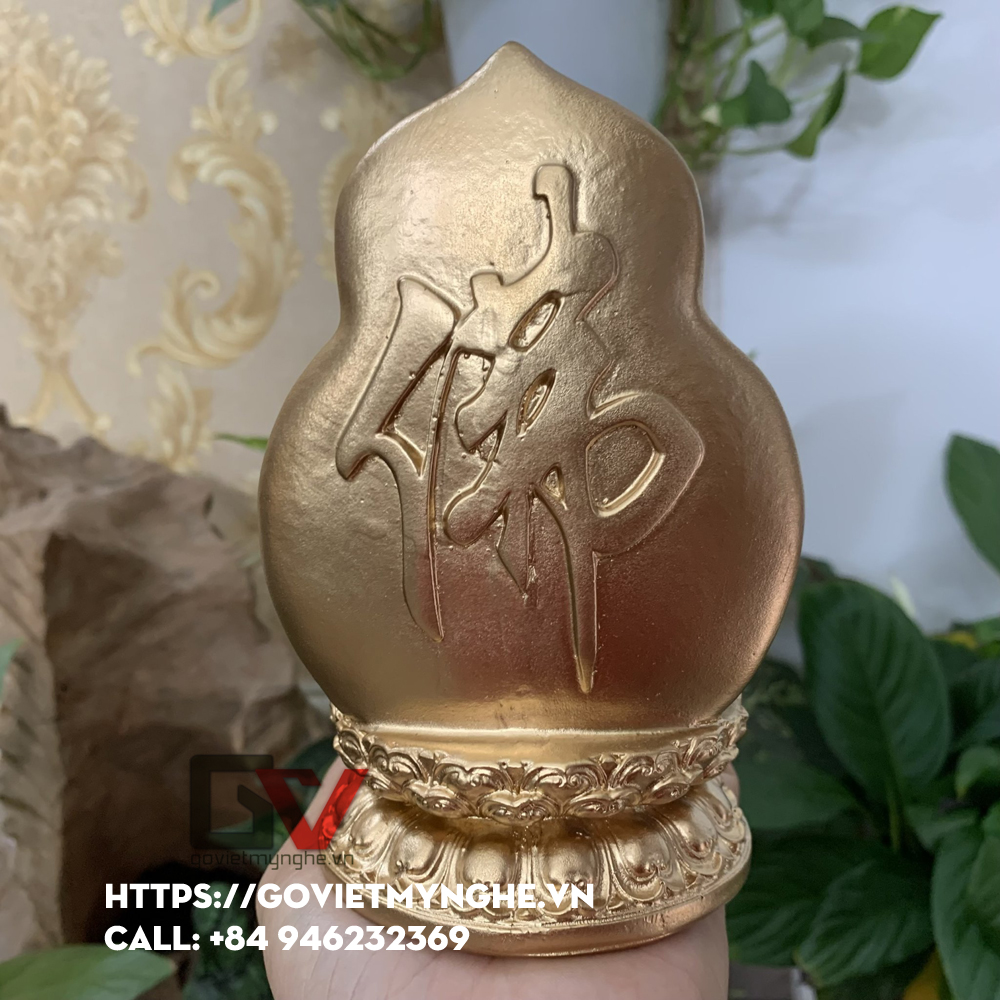 Tượng đá Quan Thế Âm Bồ Tát ngồi đài sen + chữ "Phật" - Chiều cao 15cm - Màu nhũ đồng