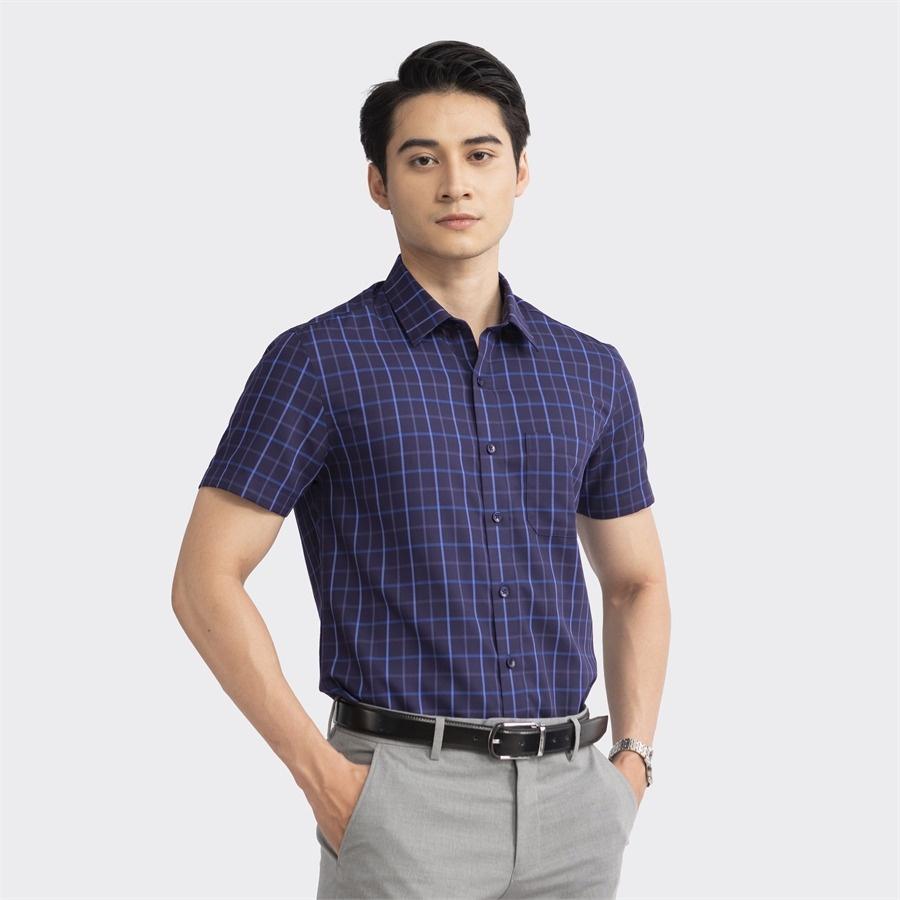 Áo sơ mi nam ngắn tay ARISTINO họa tiết xanh tím than kẻ trẻ trung nam tính - ASS121S2