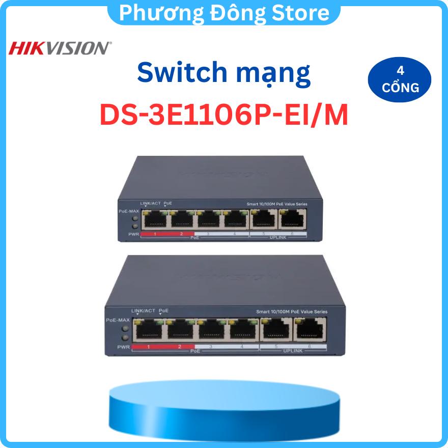 Bộ chia HIKVISION 4-Port Fast Ethernet Smart PoE Switch DS-3E1106P-EI/M - Hàng chính hãng
