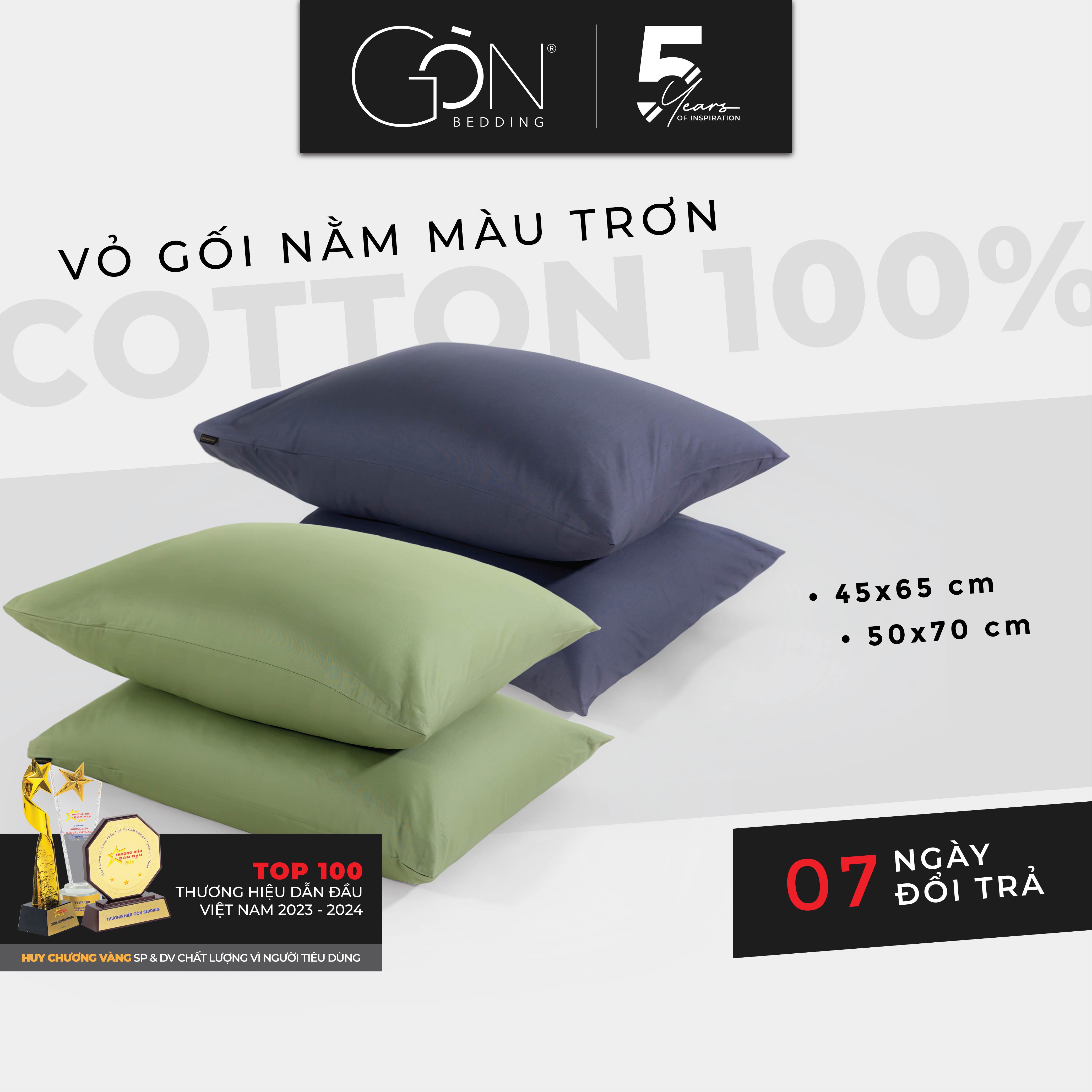 01 Vỏ Gối Nằm Gòn Bedding Cotton 100% Hàn Quốc Màu Trơn 50x70 cm