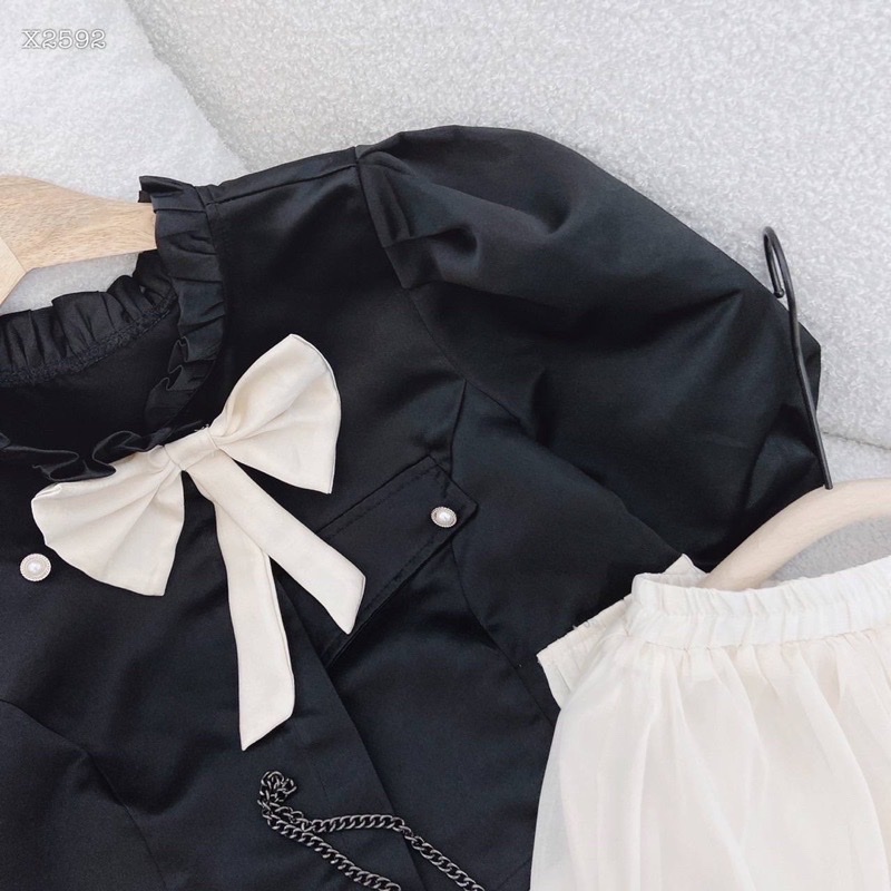 Set áo croptop đen phối nơ cổ và chân váy midi màu be xinh công sở dự tiệc