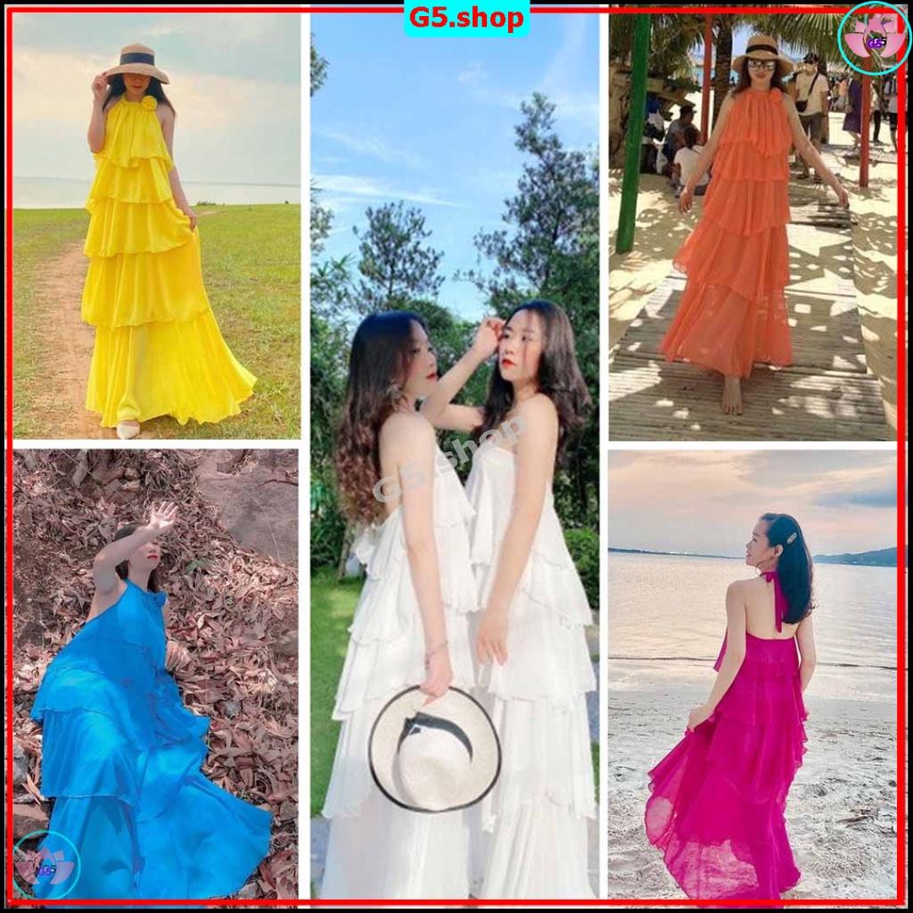 Đầm maxi cổ yếm đính hoa nối tầng thắt nơ đi biển Váy đi chơi biển du lịch