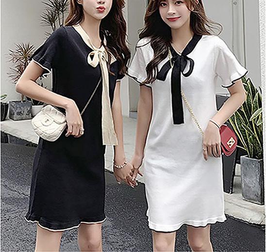 Đầm suông viền tay viền gấu cổ thắt nơ - DS206