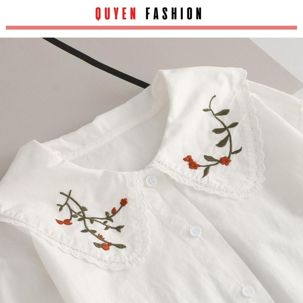 Áo sơ mi cổ thêu hoa công sở Quyên Fashion AA555 màu trắng tay tiểu thư