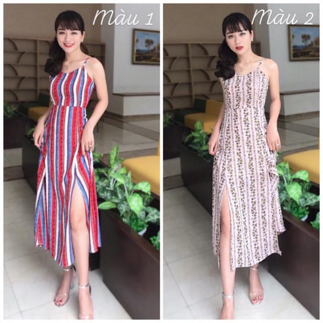 Đầm maxi 2 dây hoạ tiết xẻ 2 bên