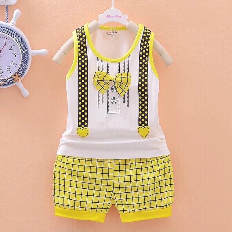 Bộ quần áo ba lỗ bé trai in hình dễ thương có gắn nơ sành điệu size 6-19kg