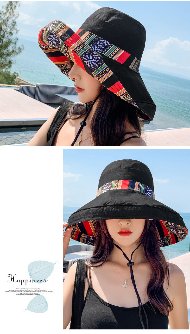 Mũ đi biển đẹp rộng vành nón chống nắng đội 2 mặt gấp gọn họa tiết thổ cẩm chống tia UV thoáng mát dona23062301