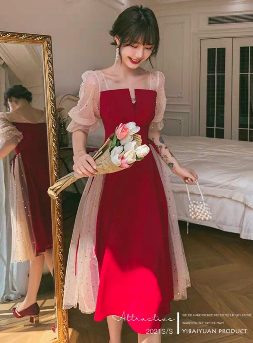ĐẦM PHỐI LƯỚI KIM SA CỘT NƠ EO   MÀU Y HÌNH