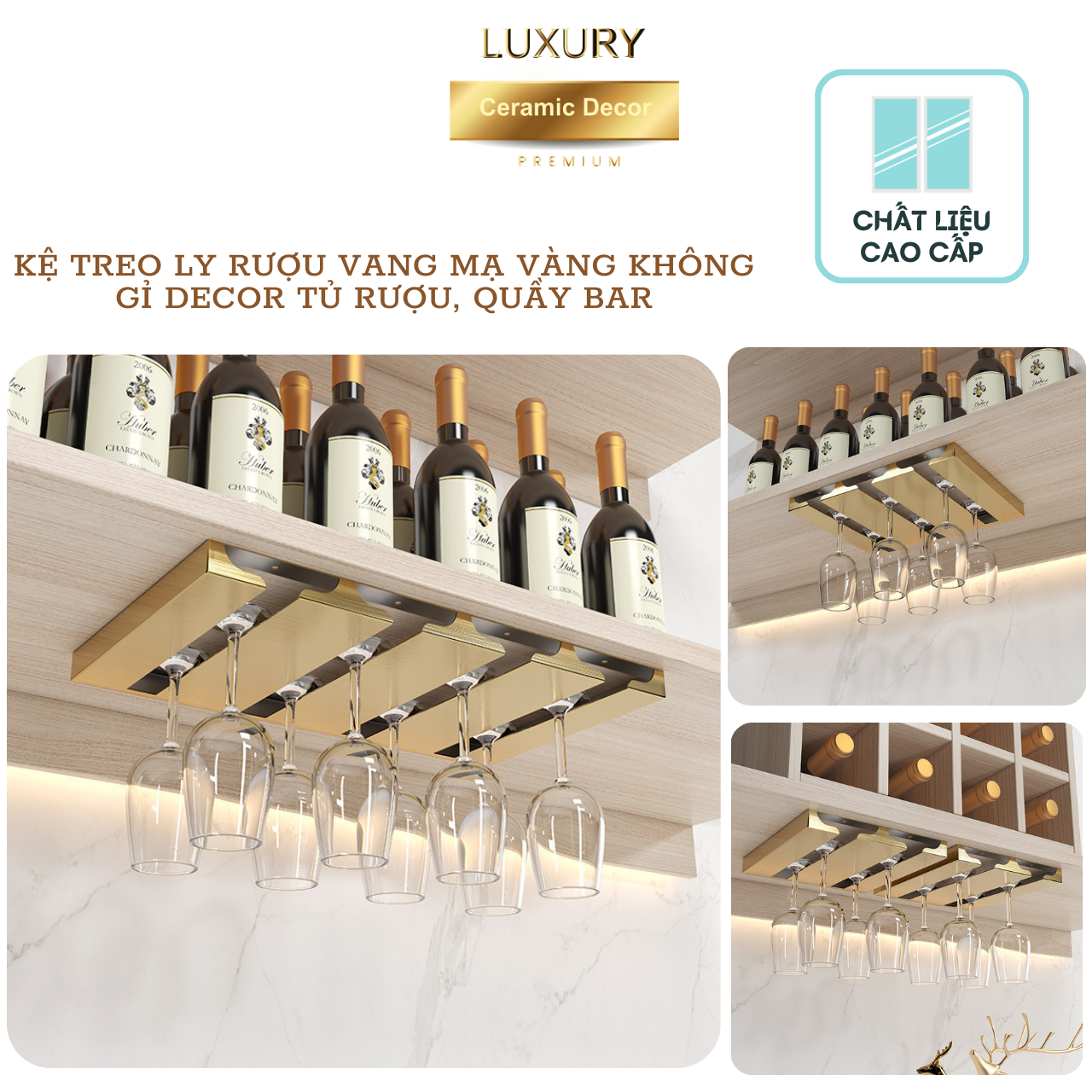 Giá Treo Ly Rượu Quầy Bar 4-8 Ly Mạ Vàng Kim Loại Cao Cấp - Hàng Nhập Khẩu