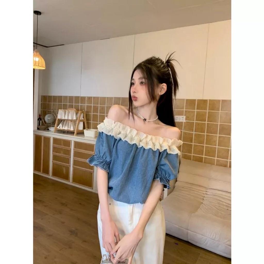 Áo Jeans Nữ Trễ Vai Cộc Tay Phối Bèo